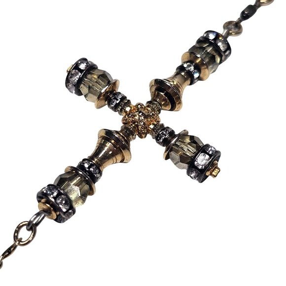 Layered Gold-Tone Necklace Ornate Cross Pendant‎ Beaded Accents 18" - Picture 5 of 11